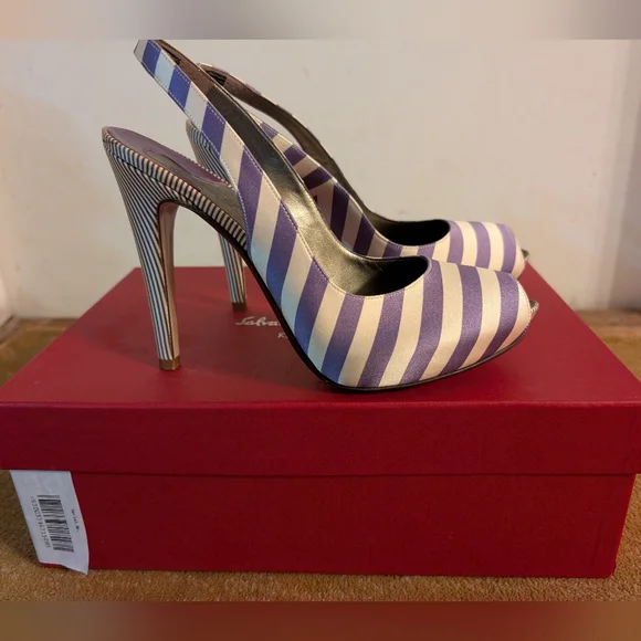 NIB Salvatore Ferragamo Fioretto Satin Purple Striped Slingback Pumps 8.5 - Picture 5 of 11